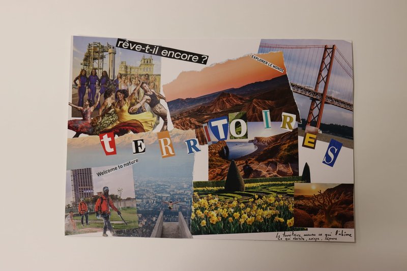 Collage 1. L'image représente à la fois des milieux naturels (champs, montagnes, désert), des milieux urbains (villes, ponts) et des personnes qui dansent. Au milieu en gros : il est écrit "territoires". En petit sous ce mot "Welcome to nature" (bienvenue dans la nature).