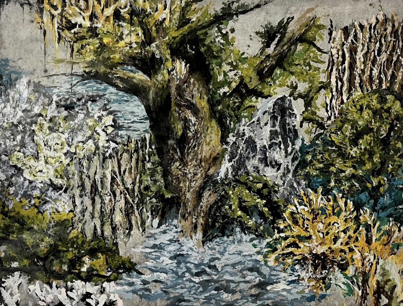 Dans cette peinture, Luce a eu envie de mélanger les beautés du vivant pour les étaler les unes avec les autres, créant ainsi un monde dans lequel la nature reprend ses droits. Réunir des éléments du vivant qui la touchent particulièrement pour pouvoir plonger dans son monde rêvé et pourtant d'une déroutante réalité était sa principale source d'inspiration. Elle a donc pris ses pinceaux, sa peinture et des photos d'inspiration des différents éléments souhaités et elle s'est mise au travail. Le résultat est une acrylique sur papier de 59x84 cm.